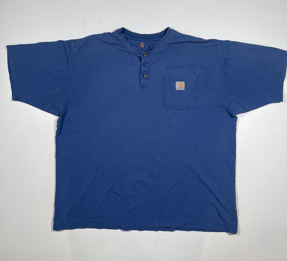 Carhartt Henley Shirt Mens Blue Short Sleeve Pocket Tee Workwear Tagless Read